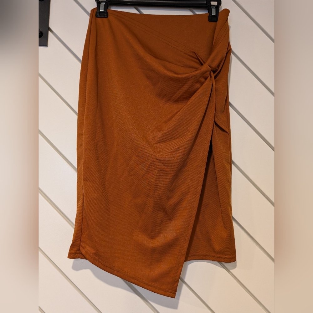 Kate Kasin Wrap Knot Asymmetrical Midi Skirt Burnt Orange